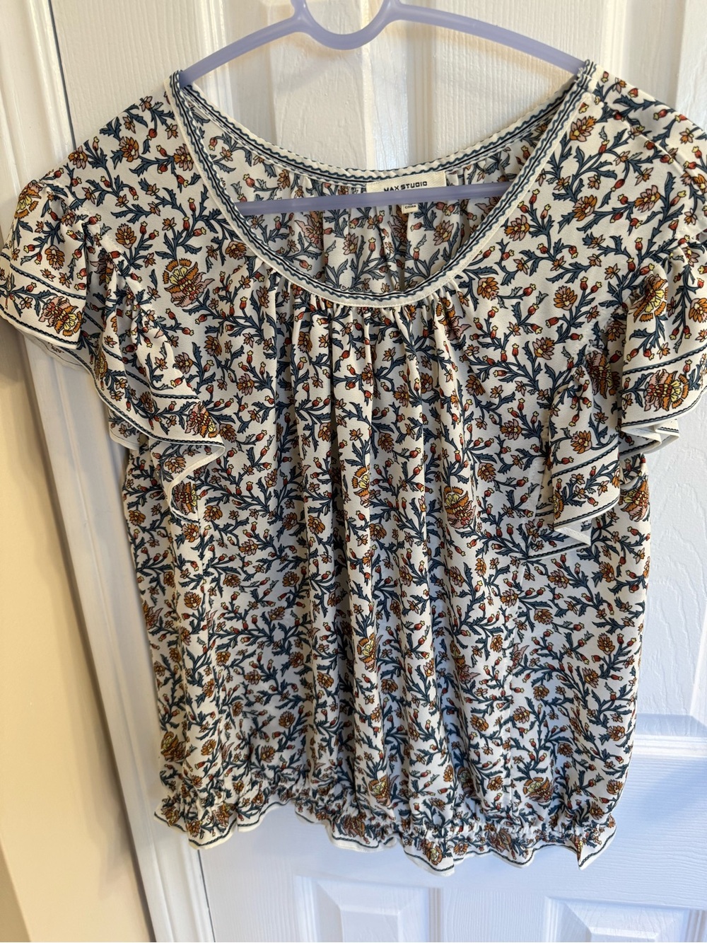 Max Studio Cream Top with Navy and Mustard Floral Print